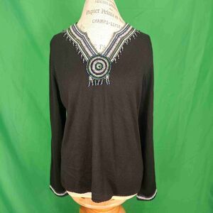 Michael Simon Womens Black Green Embellished V Neck‎ Sweater Large